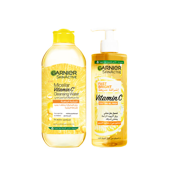 -10% Garnier fast bright vitamin C face gel wash 400ml + Micellar Brightening Cleanser Water with Vitamin C