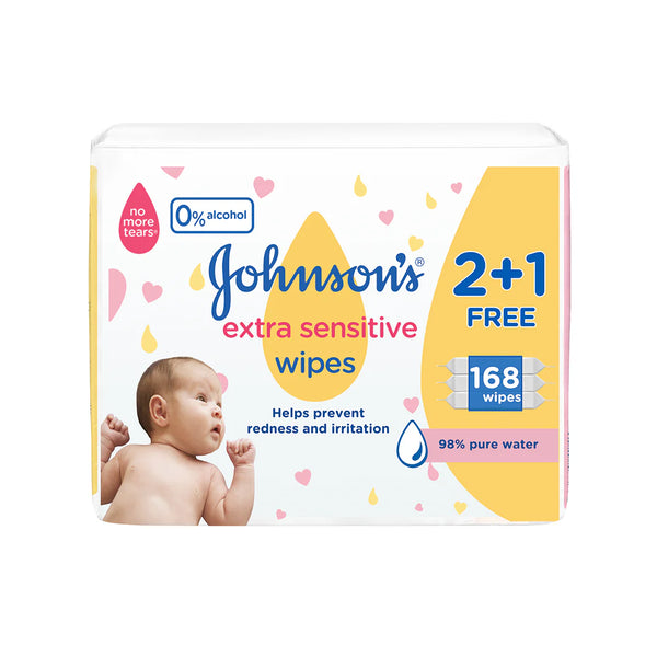 Johnson's Extra Sensitive Baby Wipes 2+1FREE (168 wipes)