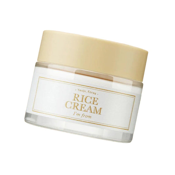 Jar of rice cream with a beige lid on a white background