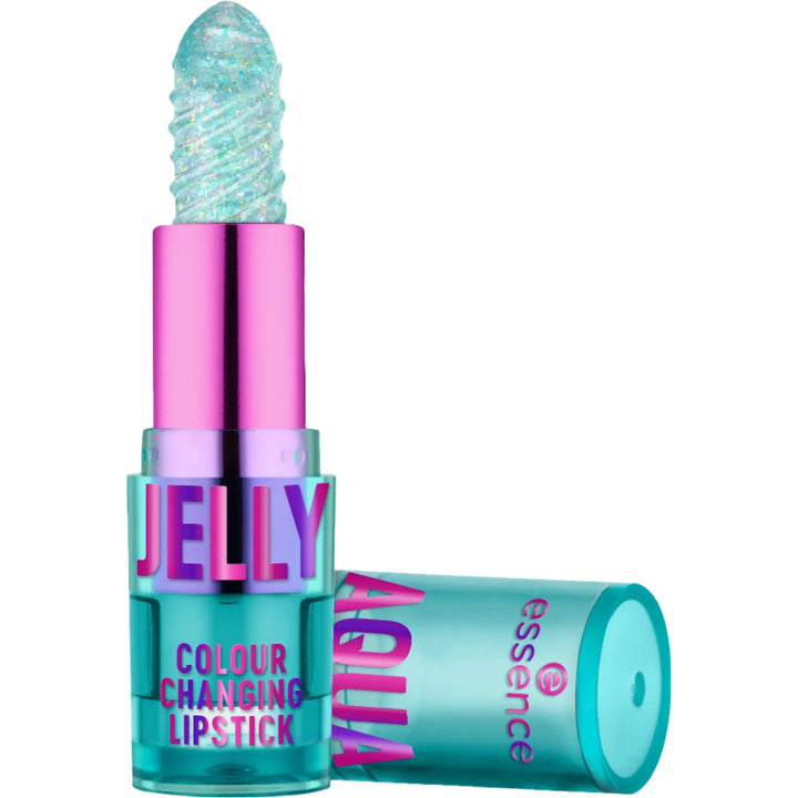 Color-changing lipstick with pink and blue design on a white background