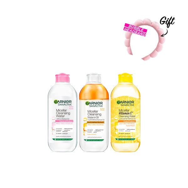 -15% FREE Headband Garnier Micellar Water 400mL Classic + 400mL In-Oil + 400mL Vitamin C