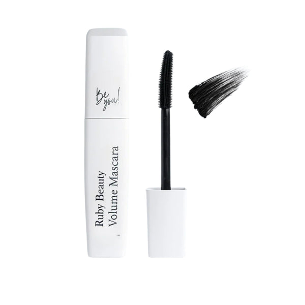 Ruby Beauty Volume Mascara with brush on a light gray background