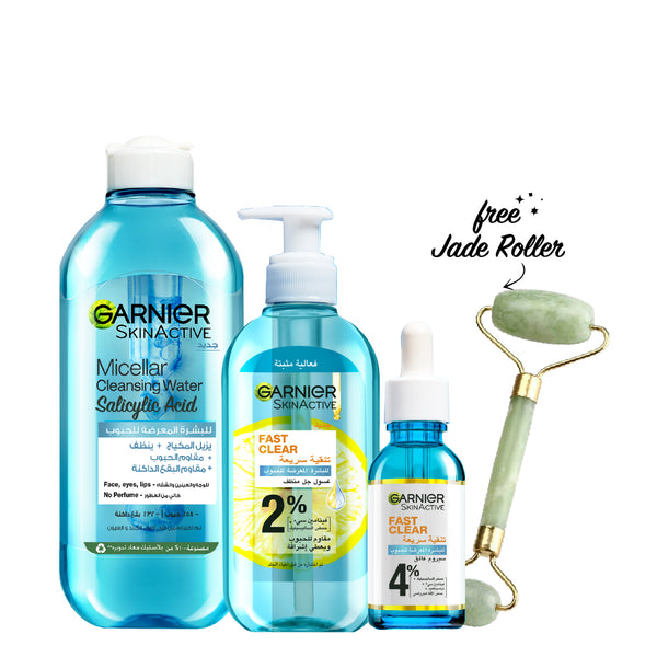 -20% FREE Jade Roller Garnier FAST CLEAR Bundle - Serum + Micellar Water + Gel Wash