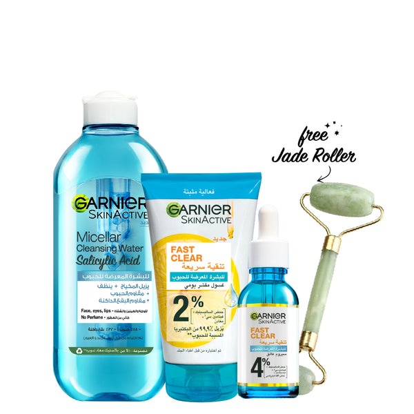 -20% FREE Jade Roller Garnier FAST CLEAR Bundle - Serum + Micellar Water + Exfoliating Wash