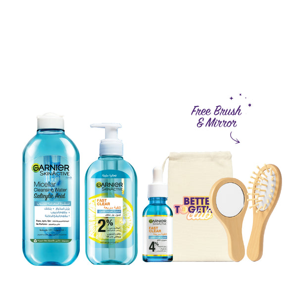 FREE Mirror Brush -15% Garnier FAST CLEAR Bundle - Serum + Micellar Water + Gel Wash