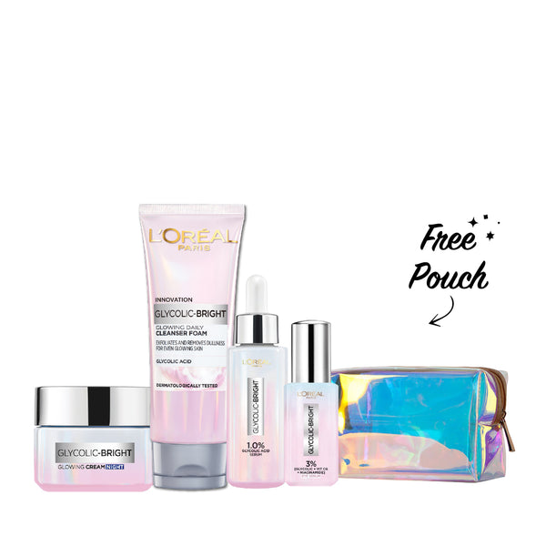 -20% FREE Pouch L'Oreal Glyoclic Bright Night Cream + Wash + Serum + Eye Serum