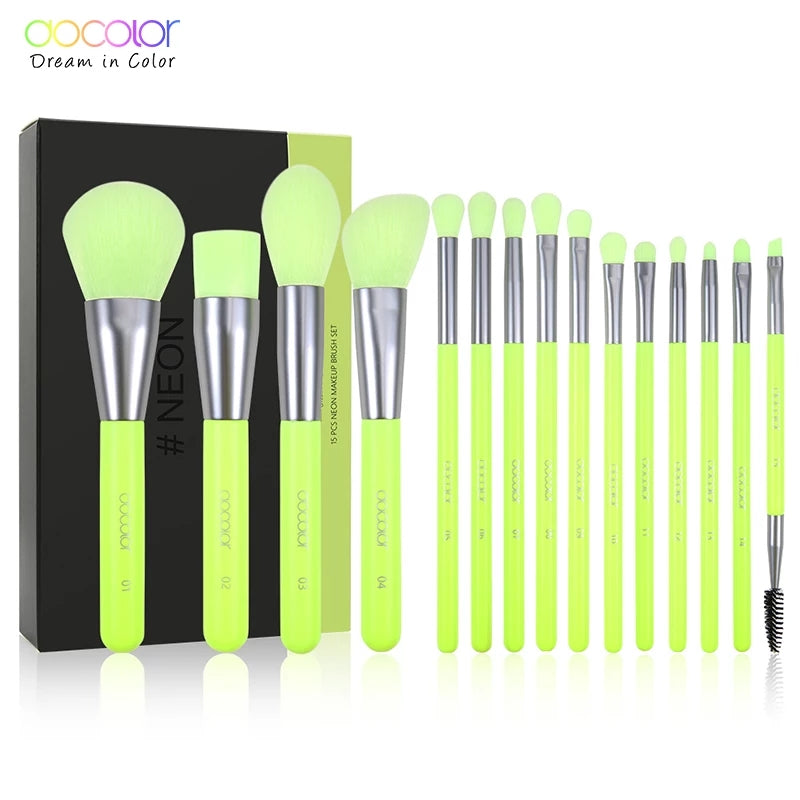 Docolor 15 Pieces Neon Green makeup brush set zed store