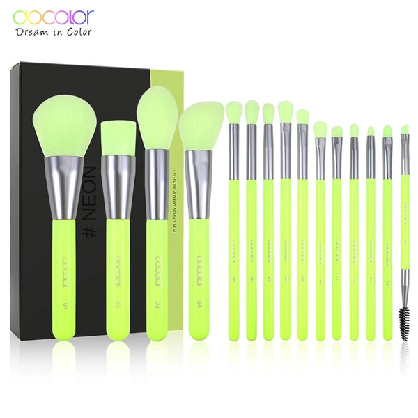 Docolor 15 Pieces Neon Green makeup brush set 