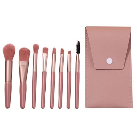Wreesh 8 piece mini makeup brush matte wooden handle soft hair beauty tool brush-dark pink